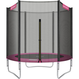 SONGMICS Gyermek trambulin külső védőhálóval, 183 cm átmérővel, 100 kg teherbírással, rózsaszín.
