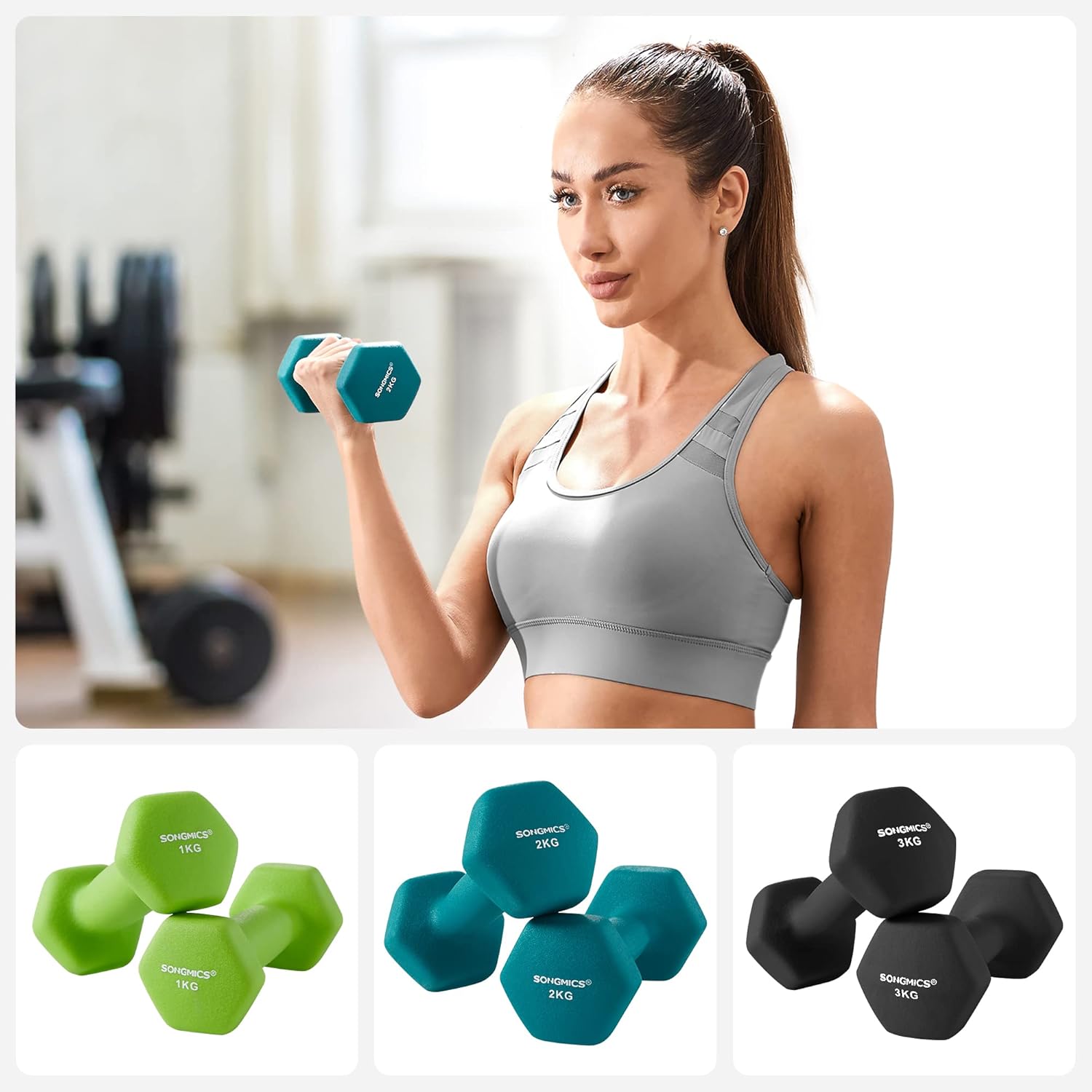 SONGMICS fitness kézisúlyzó készlet állvánnyal, 6 darab, 1–3 kg, vinil bevonattal, többszínű - Image 4