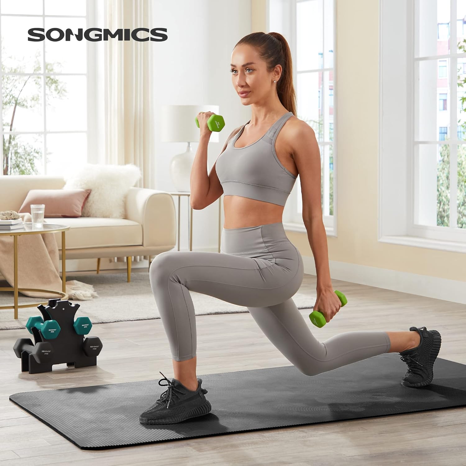 SONGMICS fitness kézisúlyzó készlet állvánnyal, 6 darab, 1–3 kg, vinil bevonattal, többszínű - Image 5