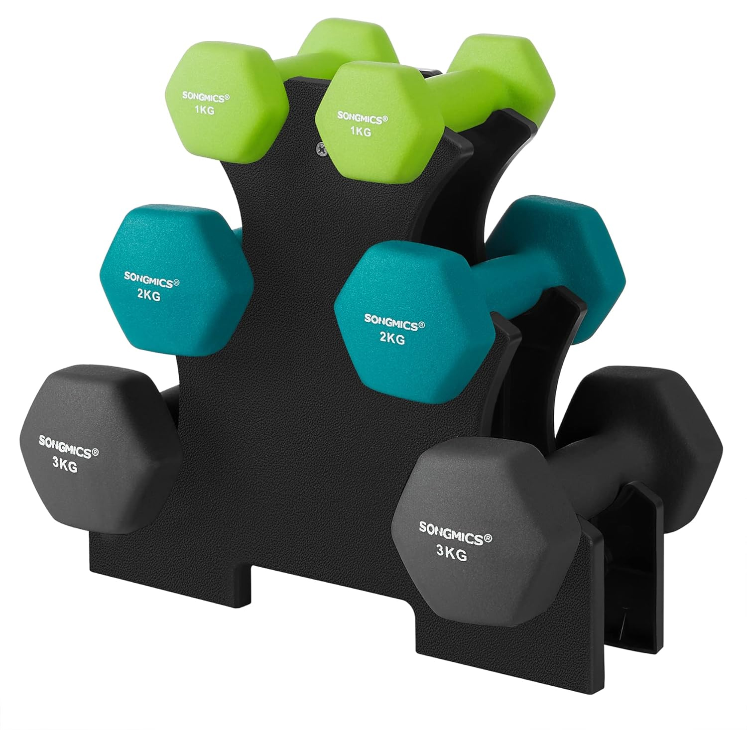 SONGMICS fitness kézisúlyzó készlet állvánnyal, 6 darab, 1–3 kg, vinil bevonattal, többszínű - Image 8