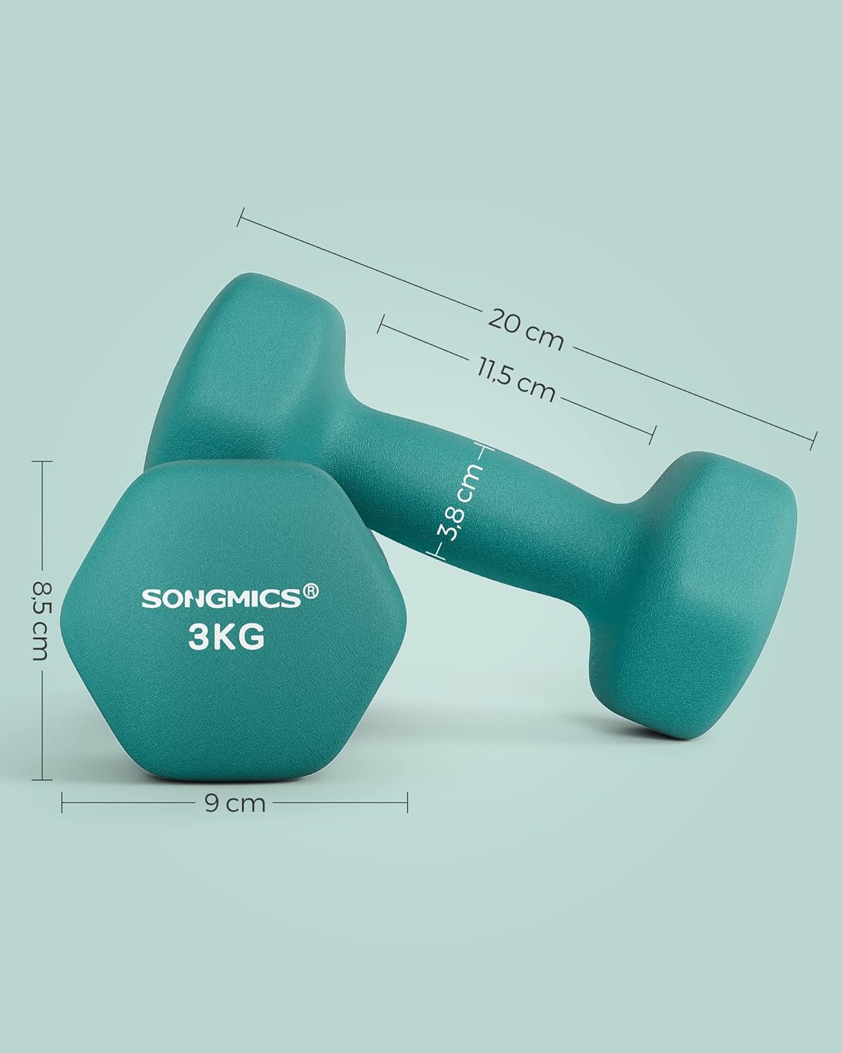 SONGMICS Hex Fitness Súlyzókészlet 2x3 kg, Csúszásmentes, Vinyl Bevonatú Vas, Zöld - Image 4