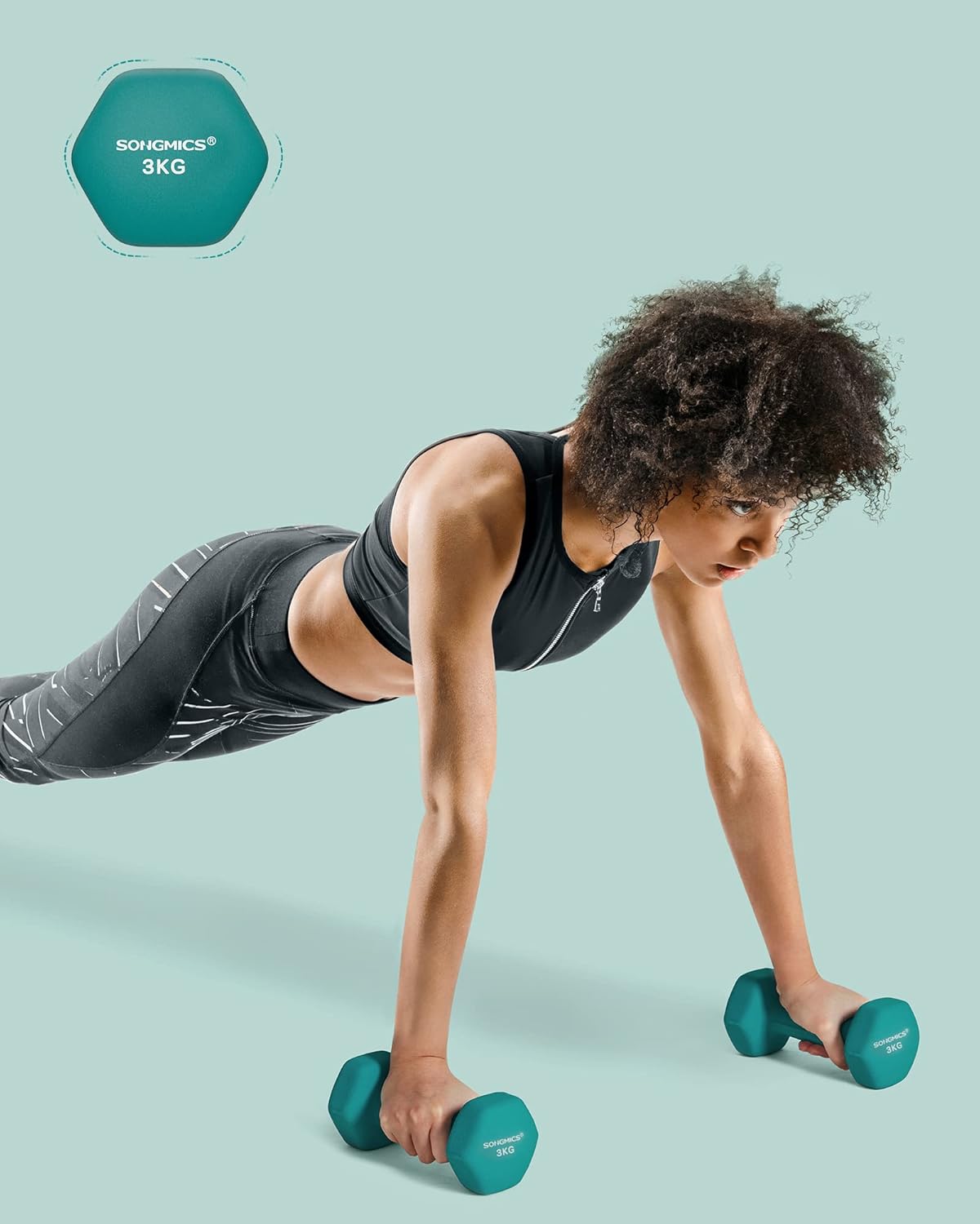 SONGMICS Hex Fitness Súlyzókészlet 2x3 kg, Csúszásmentes, Vinyl Bevonatú Vas, Zöld - Image 6