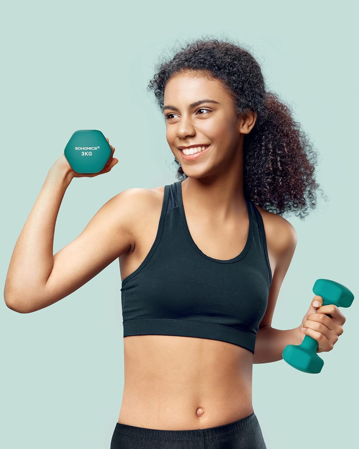 SONGMICS Hex Fitness Súlyzókészlet 2x3 kg, Csúszásmentes, Vinyl Bevonatú Vas, Zöld - Image 7