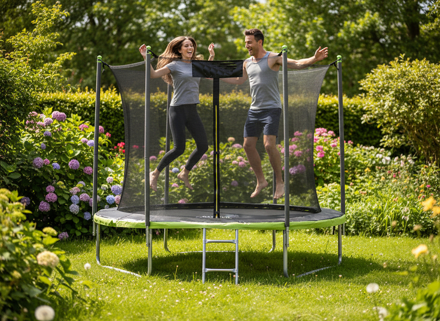Kerti trambulin létrával és belső védőhálóval, 252 cm átmérővel, legfeljebb 100 kg terhelhetőséggel, zöld - Image 4