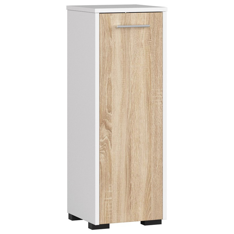 Fürdőszobai alsó szekrény, fordítható ajtóval és belső polccal, 16 mm-es laminált forgácslap, 30x30x85 cm, fehér és sonoma tölgy