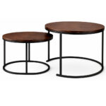 2 darabos egymásba tolható dohányzóasztal szett, MDF és fém, modern design, 60 cm és 50 cm, barna és fekete