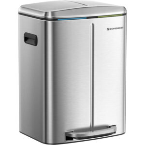 SONGMICS kettős szelektív hulladékgyűjtő szemetes 2x20 l, pedállal és soft-close fedéllel, belső vödörrel, acél, 45x58x32 cm, ezüst