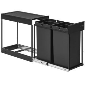 SONGMICS Beépített szemetes, 2 rekesszel, 2x15L, kihúzható fémkerettel, 48x25x44 cm, fekete