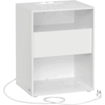 VASAGLE Éjjeliszekrény fiókkal és töltőállomással, 2 aljzat, 2 USB port, 45x35x58 cm, fehér
