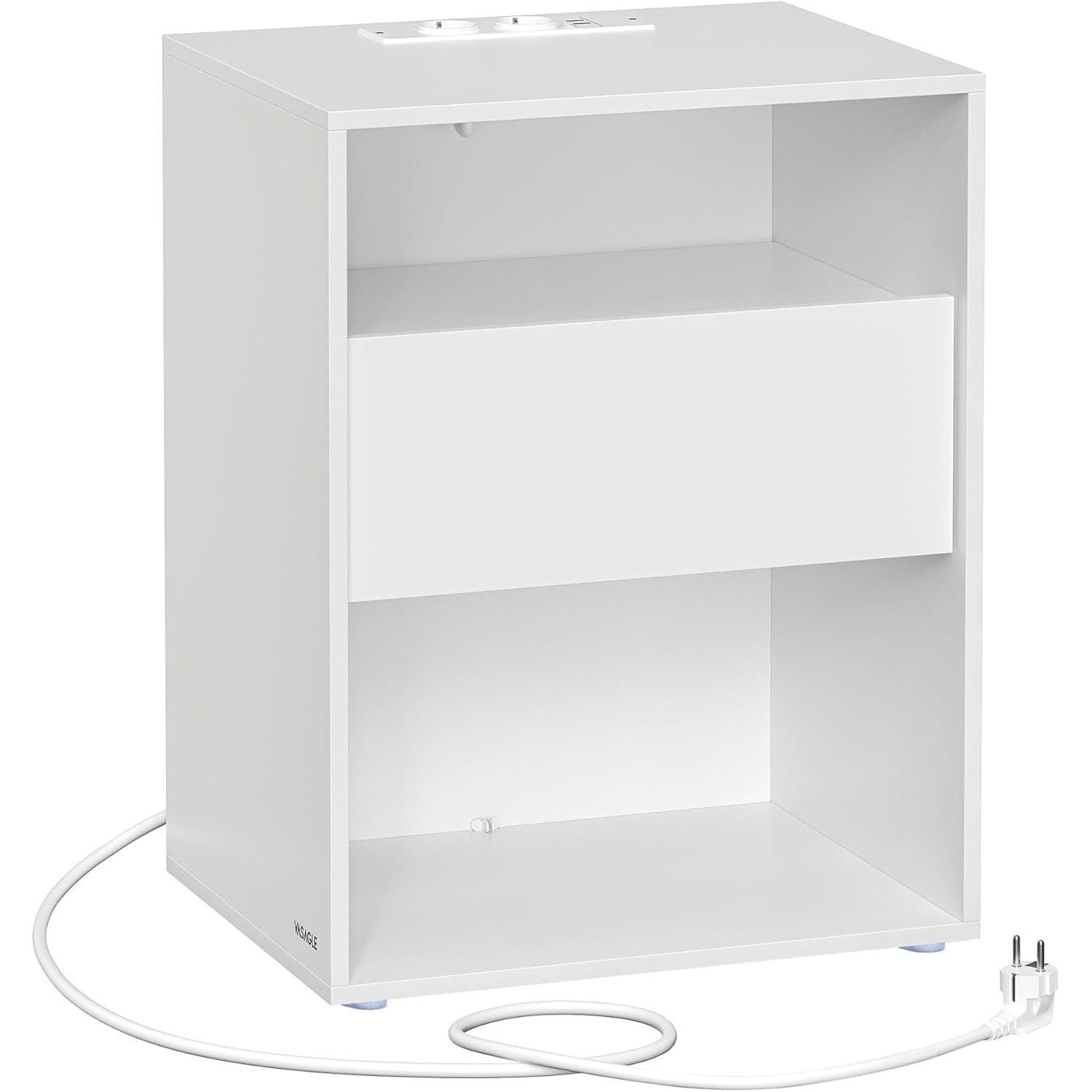 VASAGLE Éjjeliszekrény fiókkal és töltőállomással, 2 aljzat, 2 USB port, 45x35x58 cm, fehér