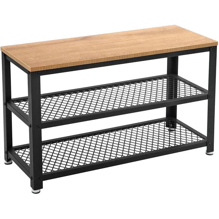 VASAGLE Cipőpad 2 polccal, fém vázzal és farostlemez üléssel, ipari stílusú, 73x30x45 cm, tölgy és fekete