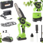 Akkumulátoros elektromos ágvágó, 20 cm-es vágószár, 900 W-os kefe nélküli motor, 2 db 21 V-os akkumulátor, tartalék lánc