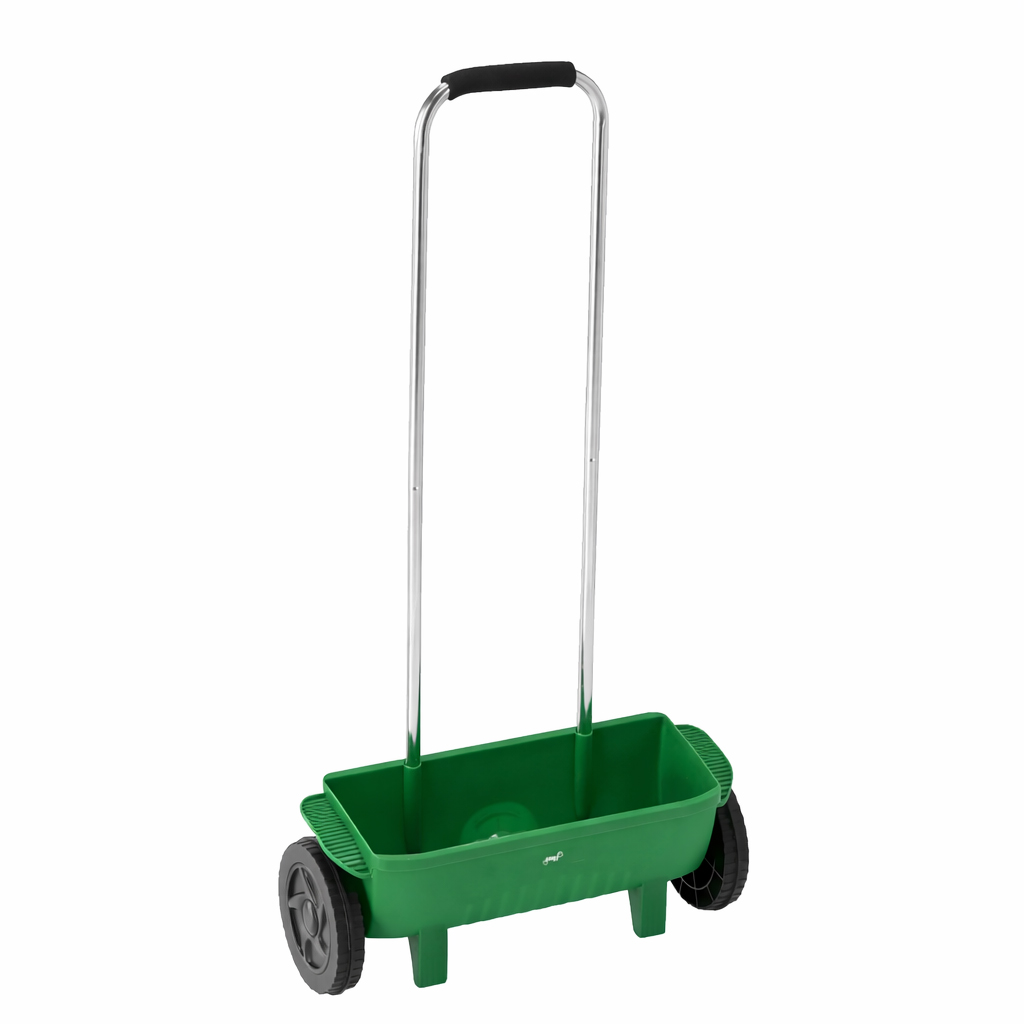 Kézi vetőgép magok, műtrágyák vagy homok szórásához, 10 literes űrtartalommal, 45 cm-es szórási szélességgel, 56x20x110 cm méretben, zöld színben