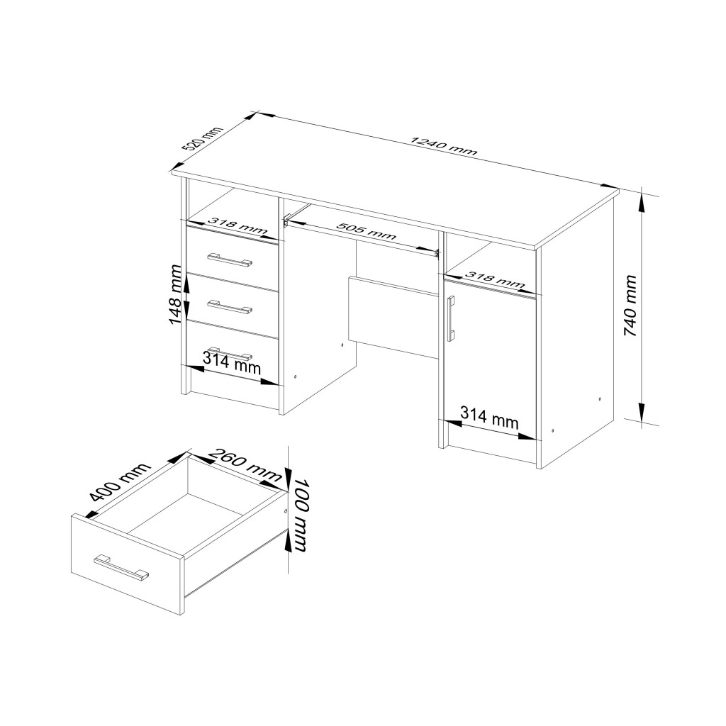 Birou ANA pentru calculator, cu 3 sertare si 1 usa, 124x52x74 cm, maro arin - Image 3