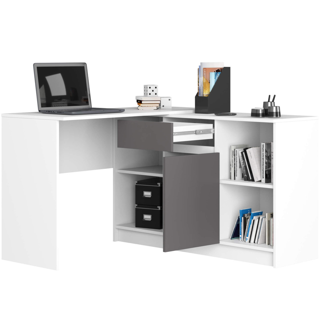 Sarok íróasztal fiókkal, ajtóval és 6 polccal, 16 mm laminált forgácslap, 120x126x79 cm, fehér és szürke - Image 2