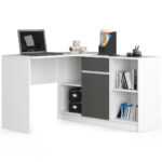Sarok íróasztal fiókkal, ajtóval és 6 polccal, 16 mm laminált forgácslap, 120x126x79 cm, fehér és szürke