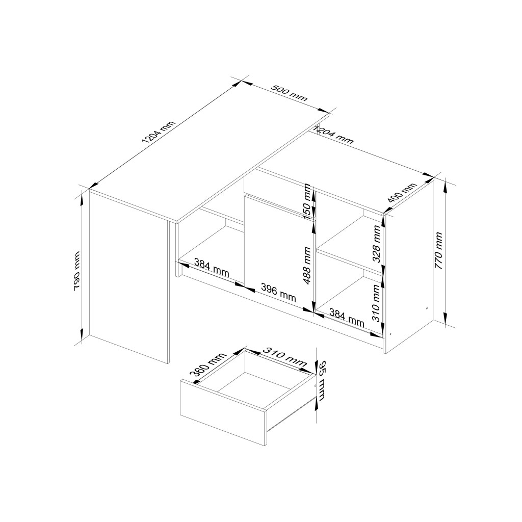 Sarok íróasztal fiókkal, ajtóval és 6 polccal, 16 mm laminált forgácslap, 120x126x79 cm, fehér és szürke - Image 3