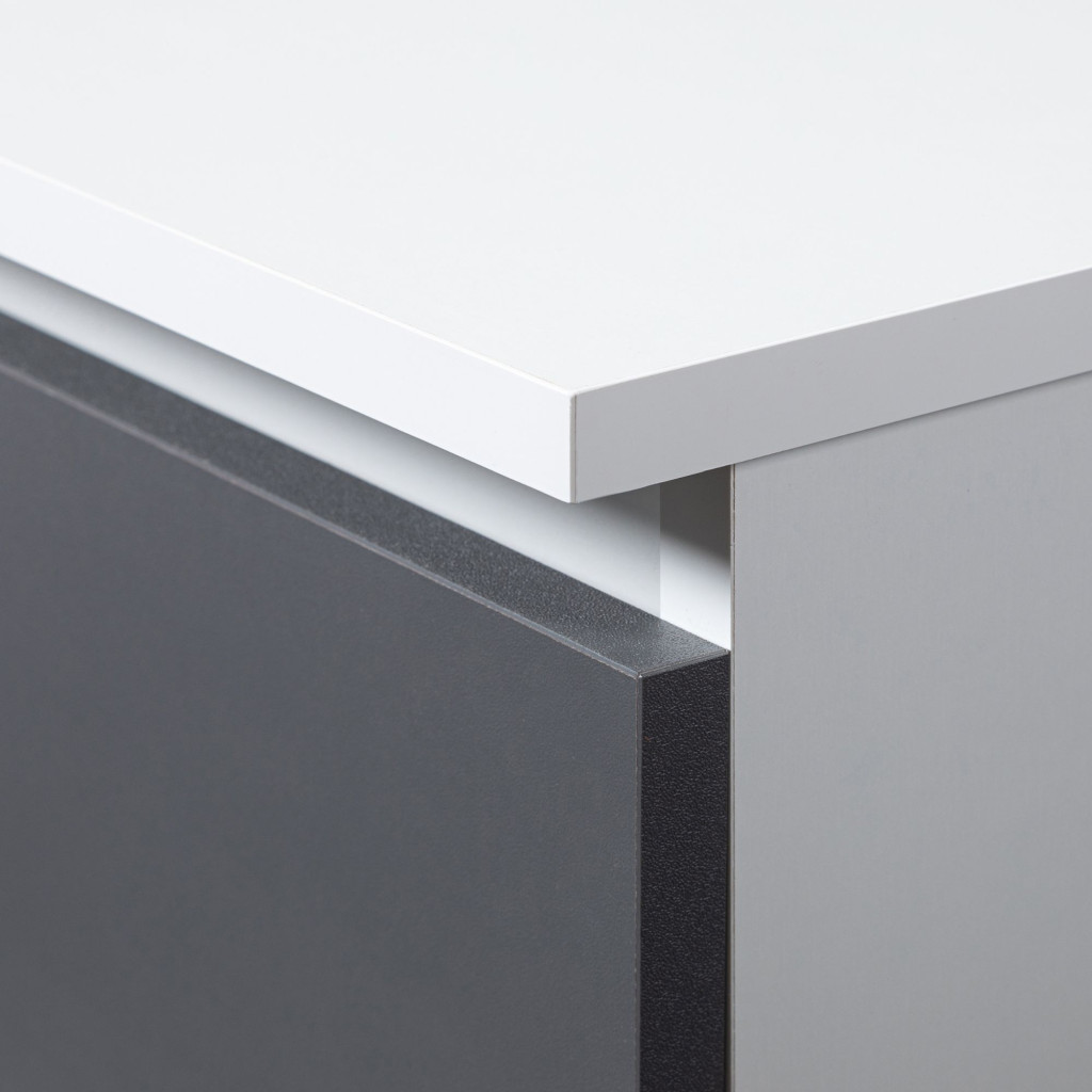 Sarok íróasztal fiókkal, ajtóval és 6 polccal, 16 mm laminált forgácslap, 120x126x79 cm, fehér és szürke - Image 4