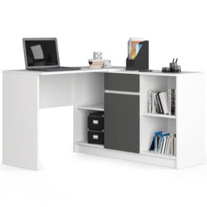 Sarok íróasztal fiókkal, ajtóval és 6 polccal, 16 mm laminált forgácslap, 120x126x79 cm, fehér és szürke