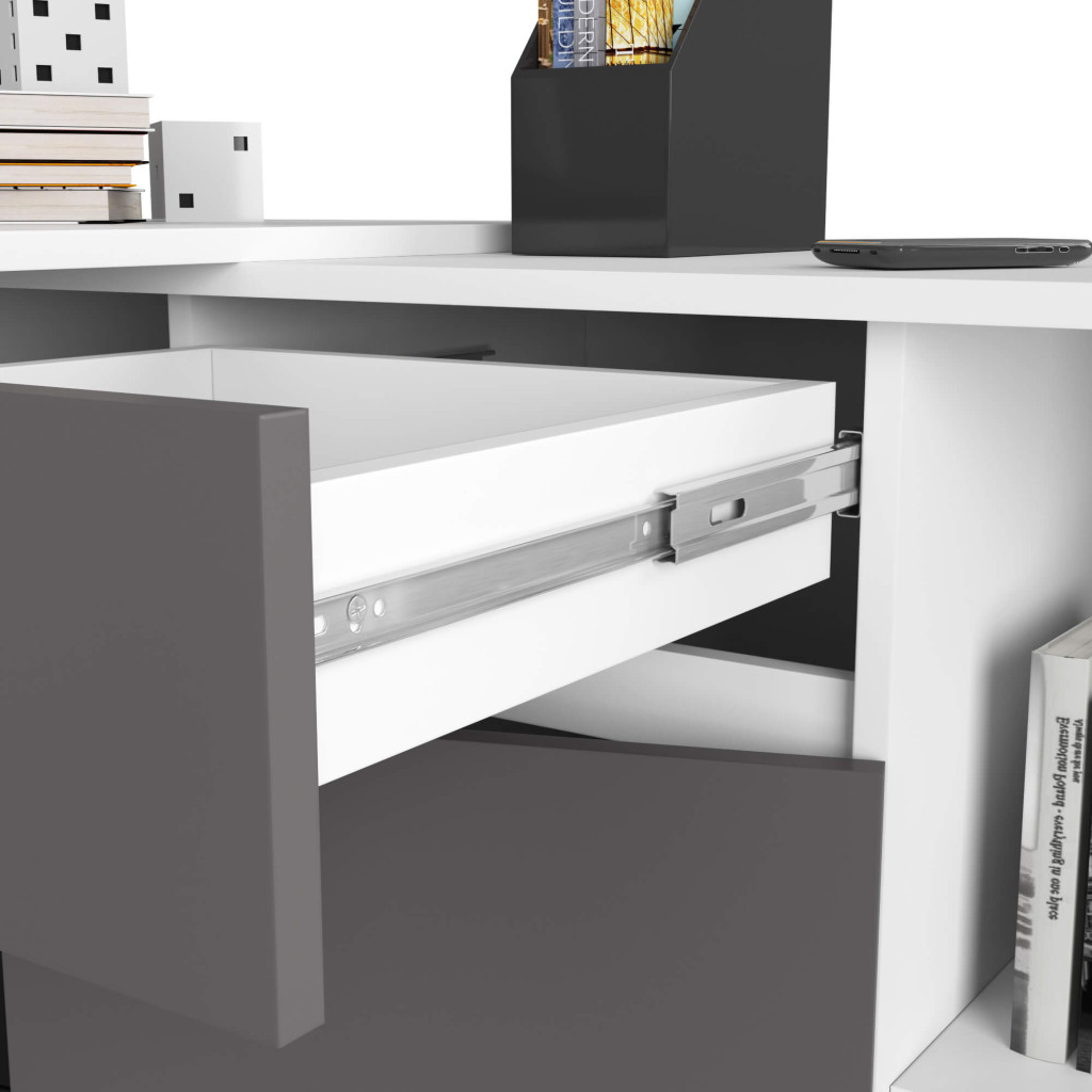 Sarok íróasztal fiókkal, ajtóval és 6 polccal, 16 mm laminált forgácslap, 120x126x79 cm, fehér és szürke - Image 5