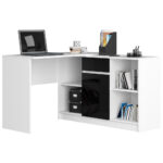 Sarok íróasztal fiókkal, ajtóval és 6 polccal, fényes MDF frontok, 120x126x79 cm, fehér és fényes fekete