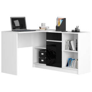 Sarok íróasztal fiókkal, ajtóval és 6 polccal, fényes MDF frontok, 120x126x79 cm, fehér és fényes fekete