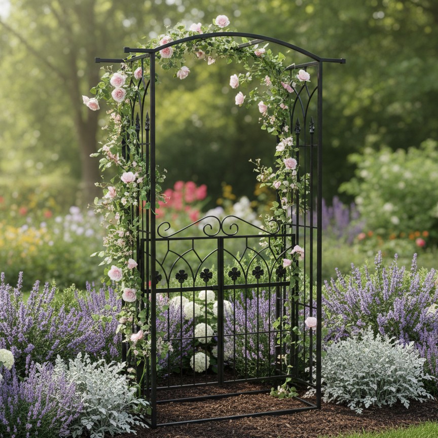 Fém kerti pergola kapuval, kúszónövény tartó, 106x50x217 cm, fekete