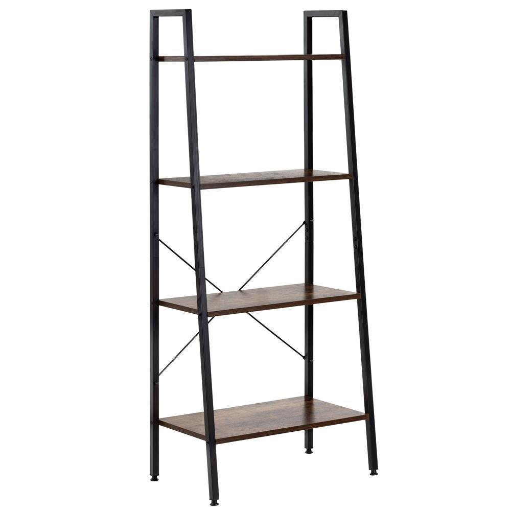 4 szintes ipari stílusú polc fém vázzal és MDF lapokkal, 56x34x138 cm, sötétbarna és fekete