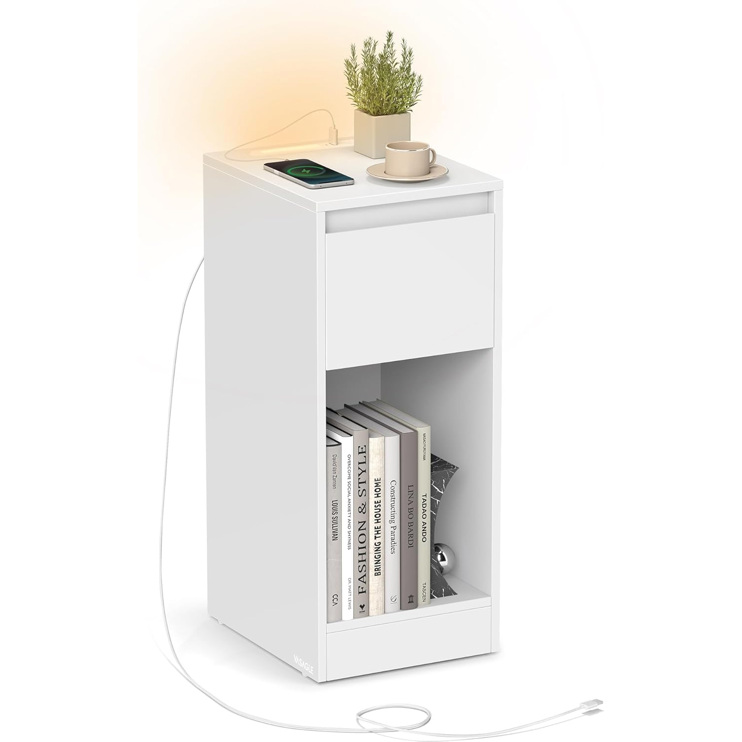 VASAGLE Keskeny éjjeliszekrény LED világítással és töltőállomással, 2 USB csatlakozóval, MDF, 30 × 25 × 60 cm, fehér