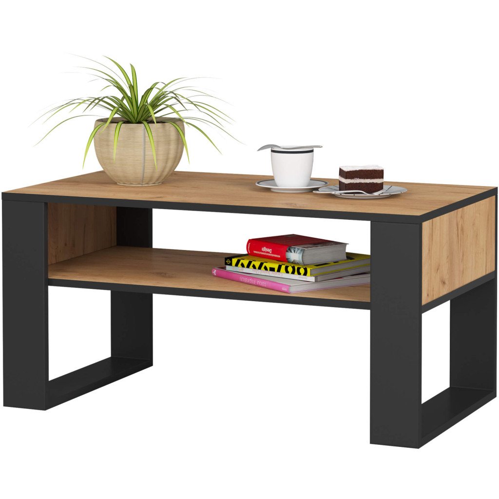 Domi dohányzóasztal alsó polccal, laminált asztallappal, 92x50x45 cm, kézműves tölgy és fekete - Image 2