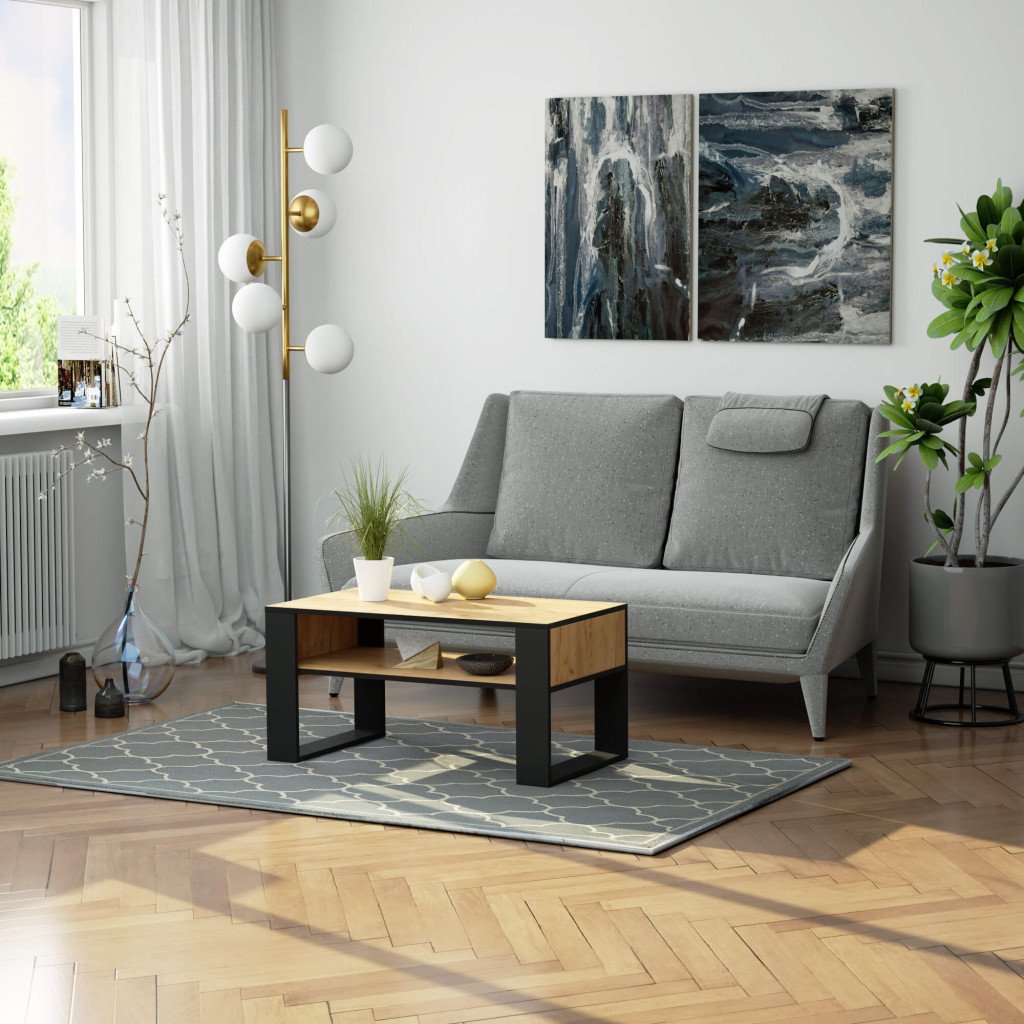Domi dohányzóasztal alsó polccal, laminált asztallappal, 92x50x45 cm, kézműves tölgy és fekete - Image 4