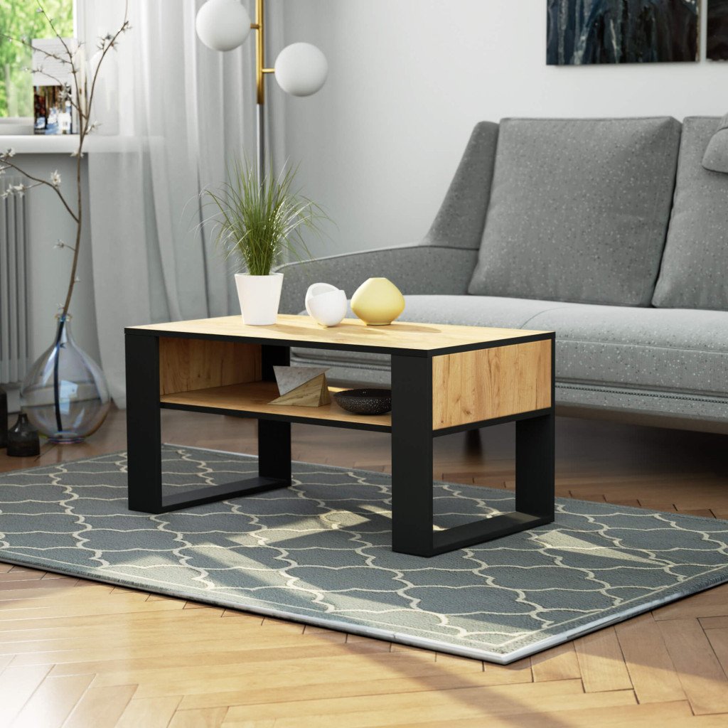 Domi dohányzóasztal alsó polccal, laminált asztallappal, 92x50x45 cm, kézműves tölgy és fekete - Image 5