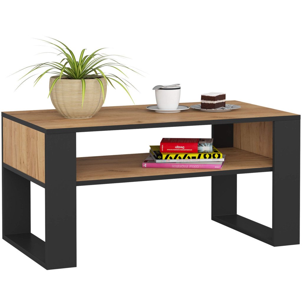 Domi dohányzóasztal alsó polccal, laminált asztallappal, 92x50x45 cm, kézműves tölgy és fekete