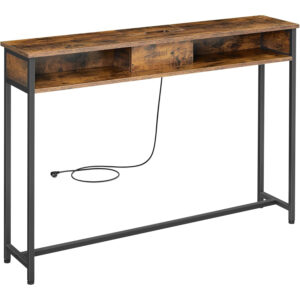 VASAGLE Keskeny konzolasztal 2 beépített konnektorral és 2 USB-porttal, 120x25x81 cm, rusztikus barna
