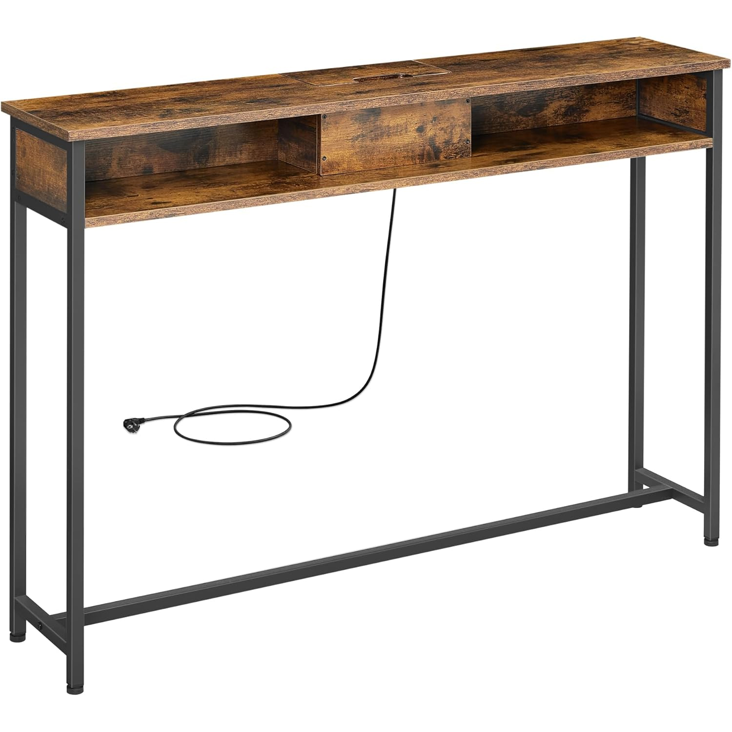 VASAGLE Keskeny konzolasztal 2 beépített konnektorral és 2 USB-porttal, 120x25x81 cm, rusztikus barna