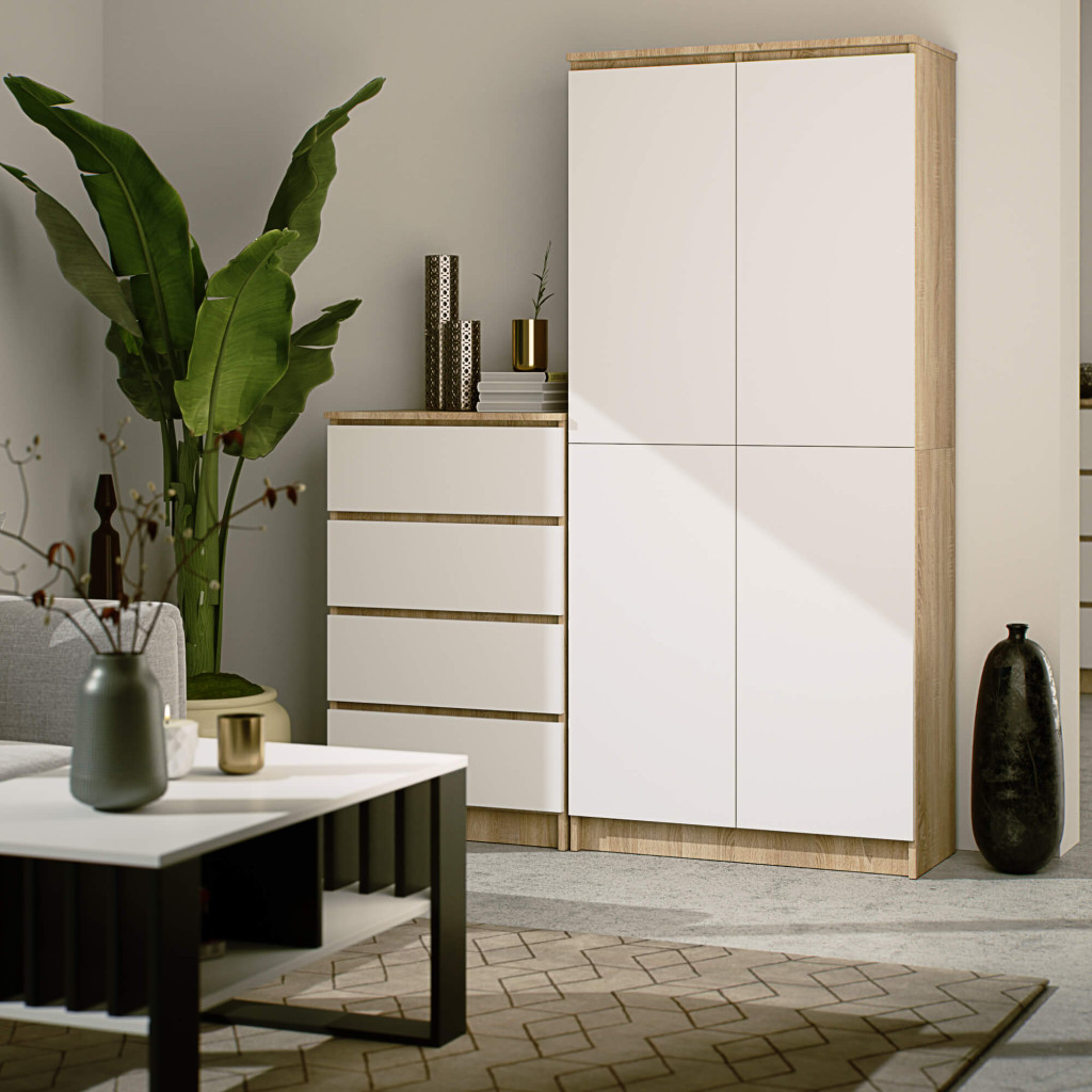 Szekrény 8 polccal, 16 mm laminált forgácslap, 80x35x180 cm, sonoma tölgy és fehér - Image 7