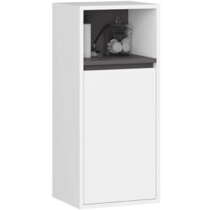 Függesztett fürdőszoba-polc, ajtóval és 2 polccal, 16 mm-es forgácslap, 35x30x80 cm, fehér és szürke
