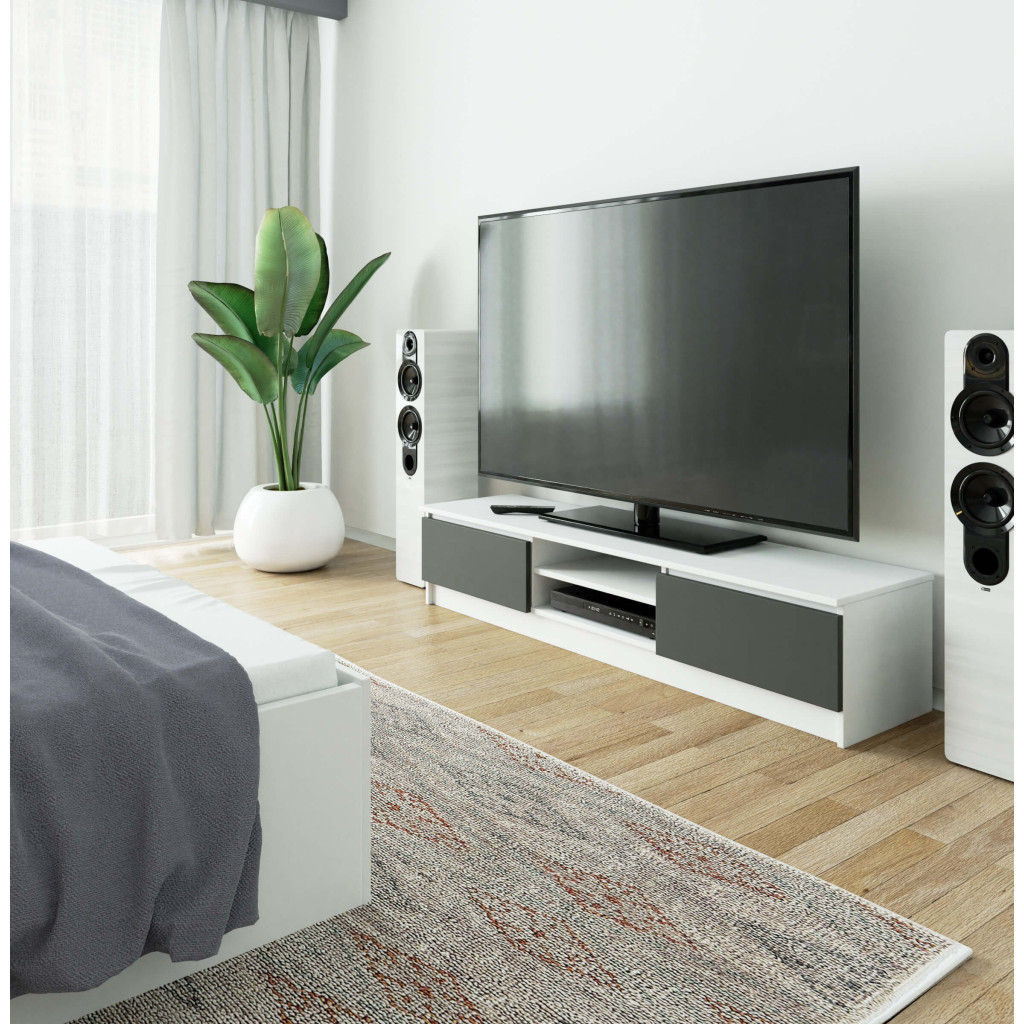 TV-szekrény 2 ajtóval és középső polcokkal, PAL laminált, 160x40x33 cm, fehér és szürke - Image 5