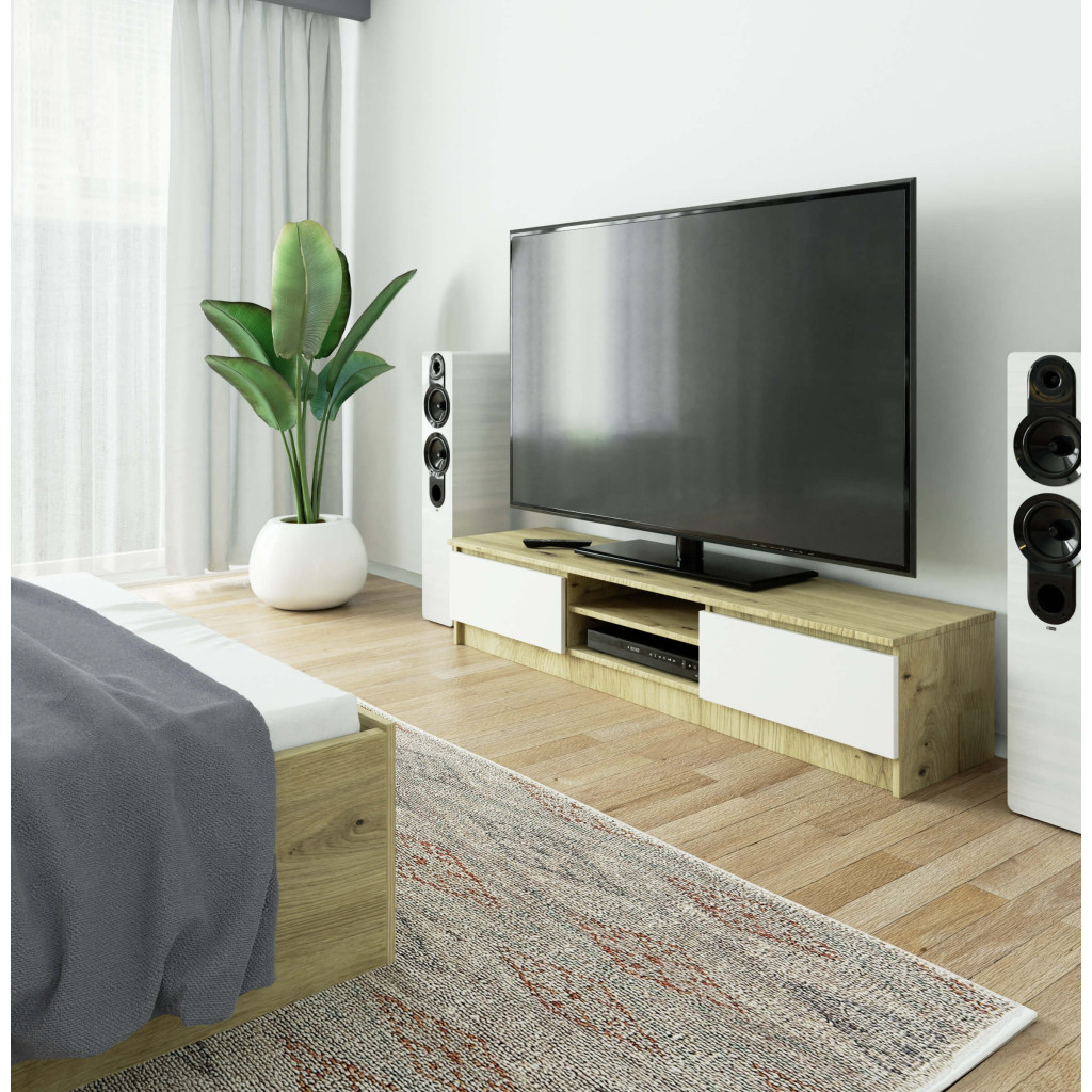 TV-szekrény 2 ajtóval és középső polcokkal, PAL laminált, 160x40x33 cm, kézműves tölgy és fehér - Image 4