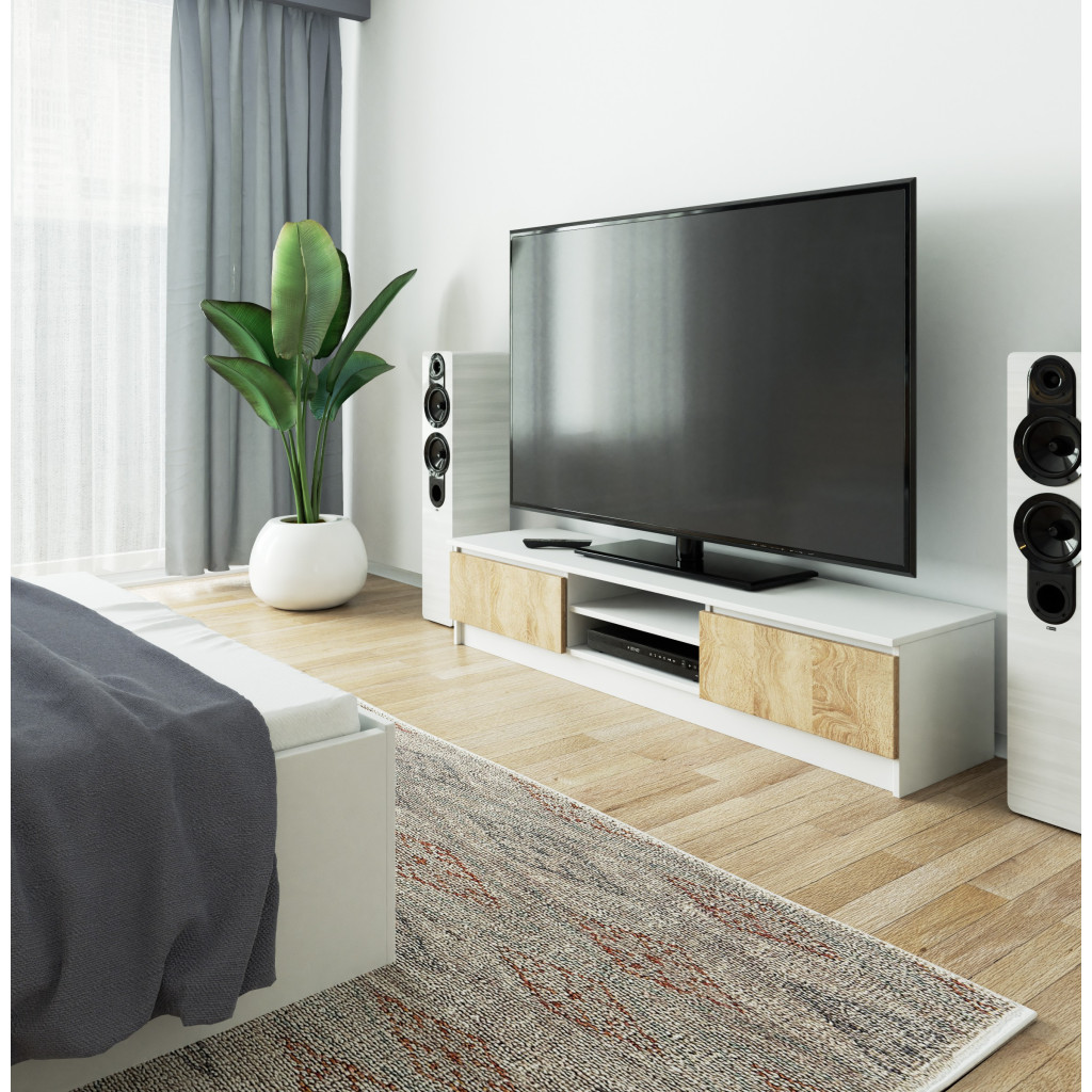 TV-szekrény 2 ajtóval és középső polcokkal, PAL laminált, 160x40x33 cm, fehér és tölgy sonoma - Image 5