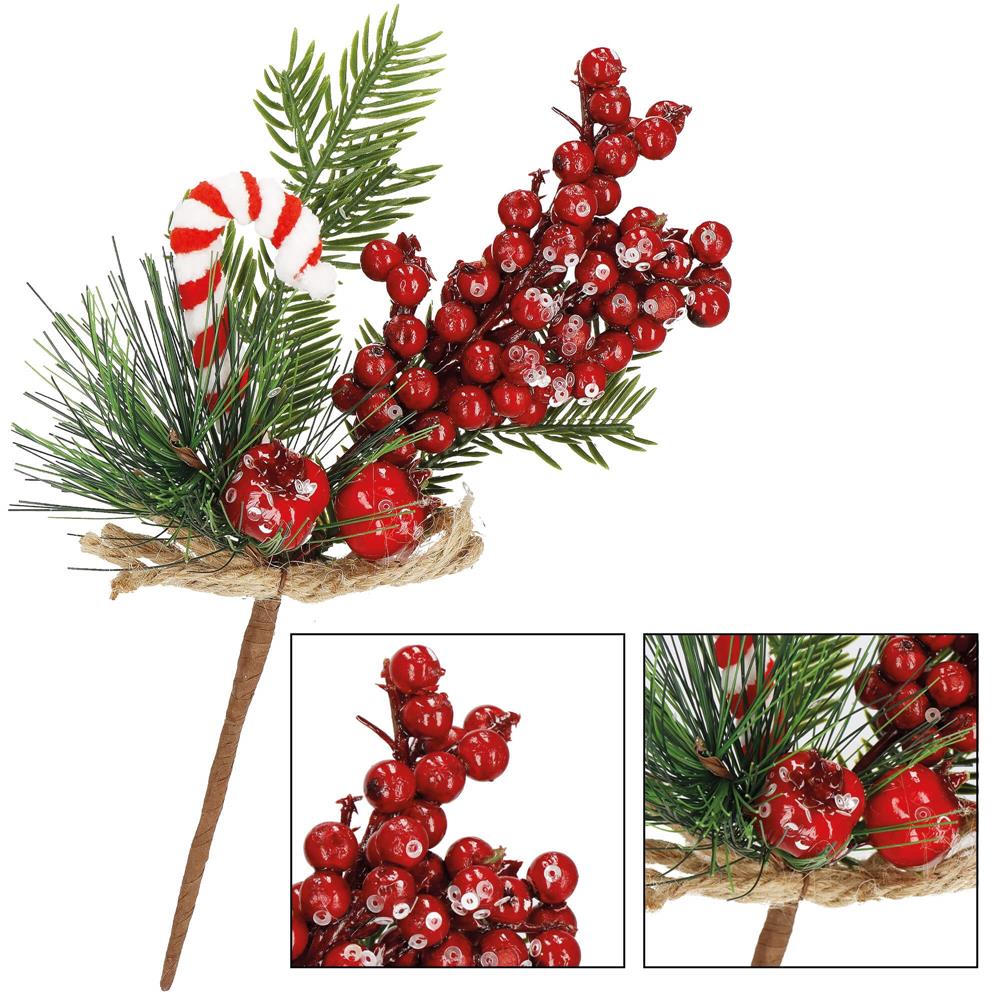 Karácsonyi dekoratív ág piros gyümölcsökkel, nyalókával és juta zsinórral, 24 cm, piros - Image 7