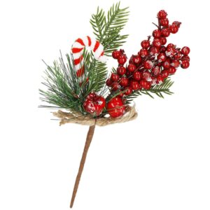 Karácsonyi dekoratív ág piros gyümölcsökkel, nyalókával és juta zsinórral, 24 cm, piros