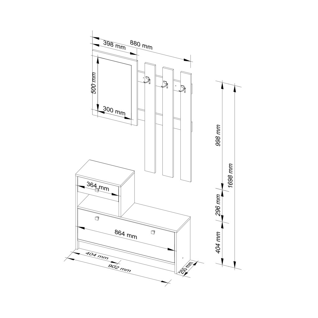 Előszobabútor szett cipősszekrénnyel, tükörrel, fiókkal és fém fogassal, laminált forgácslapból, 90x25x170 cm, égerbarna - Image 2