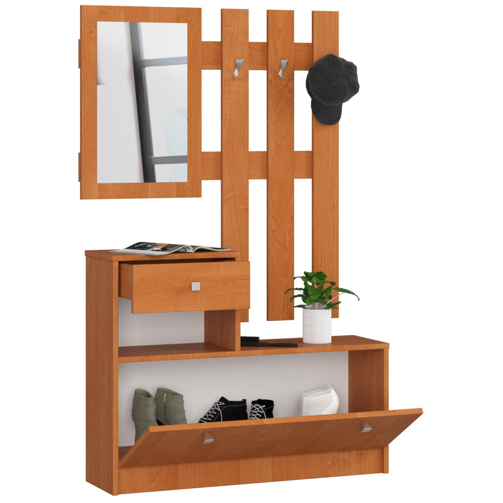 Előszobabútor szett cipősszekrénnyel, tükörrel, fiókkal és fém fogassal, laminált forgácslapból, 90x25x170 cm, égerbarna - Image 6