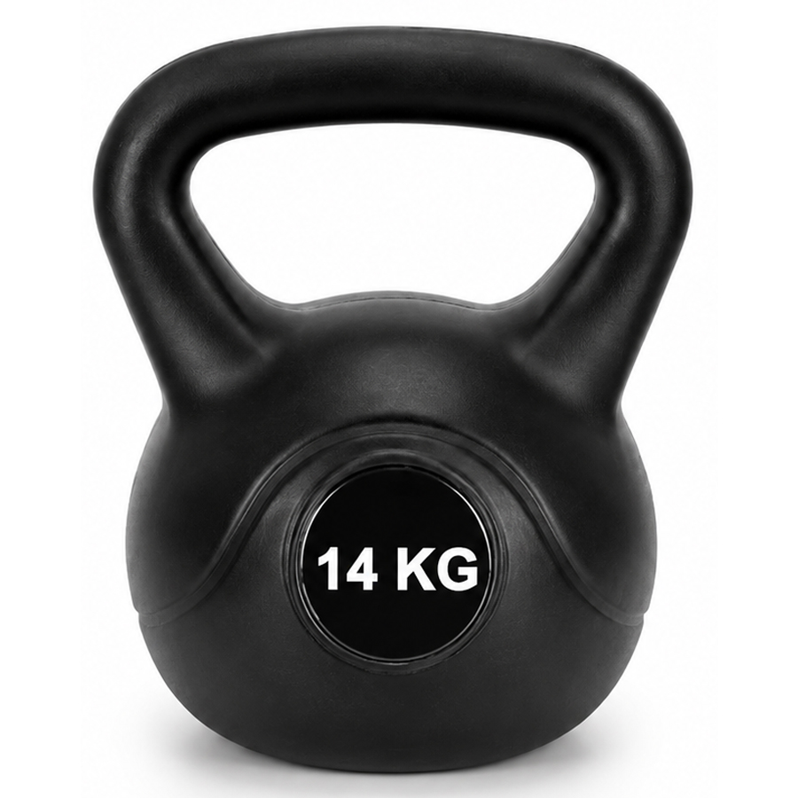 Kettlebell 14 kg, bitumen toltelekkel, strapabiro ABS bevonattal, 26x22x28 cm, fekete