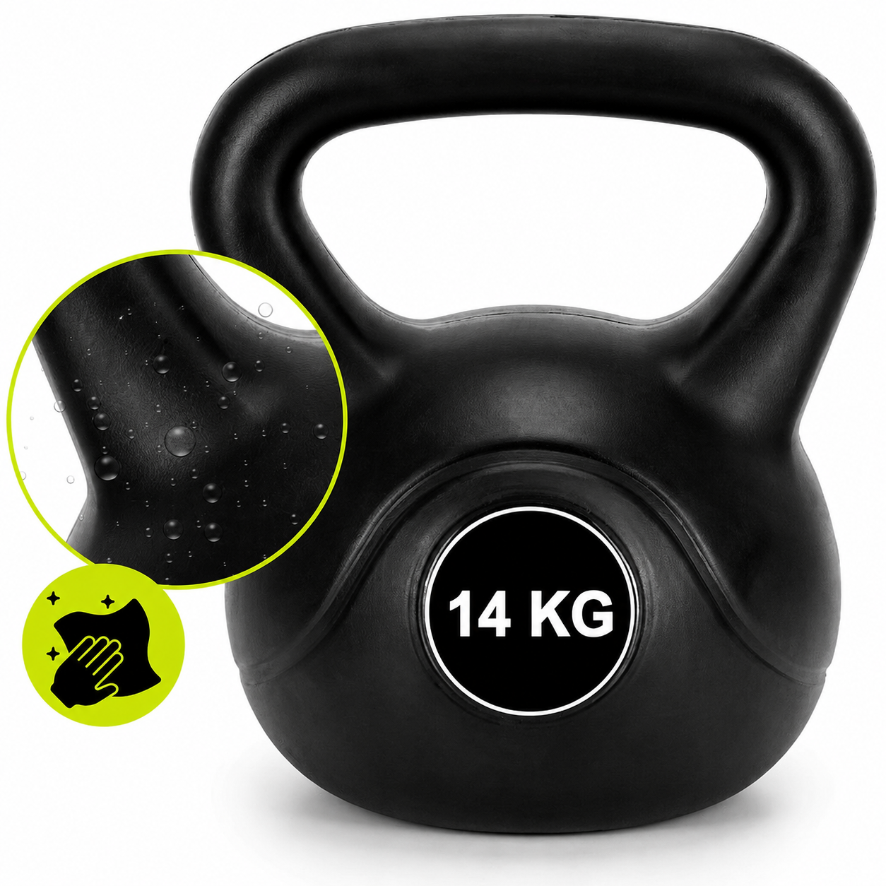 Kettlebell 14 kg, bitumen toltelekkel, strapabiro ABS bevonattal, 26x22x28 cm, fekete - Image 4