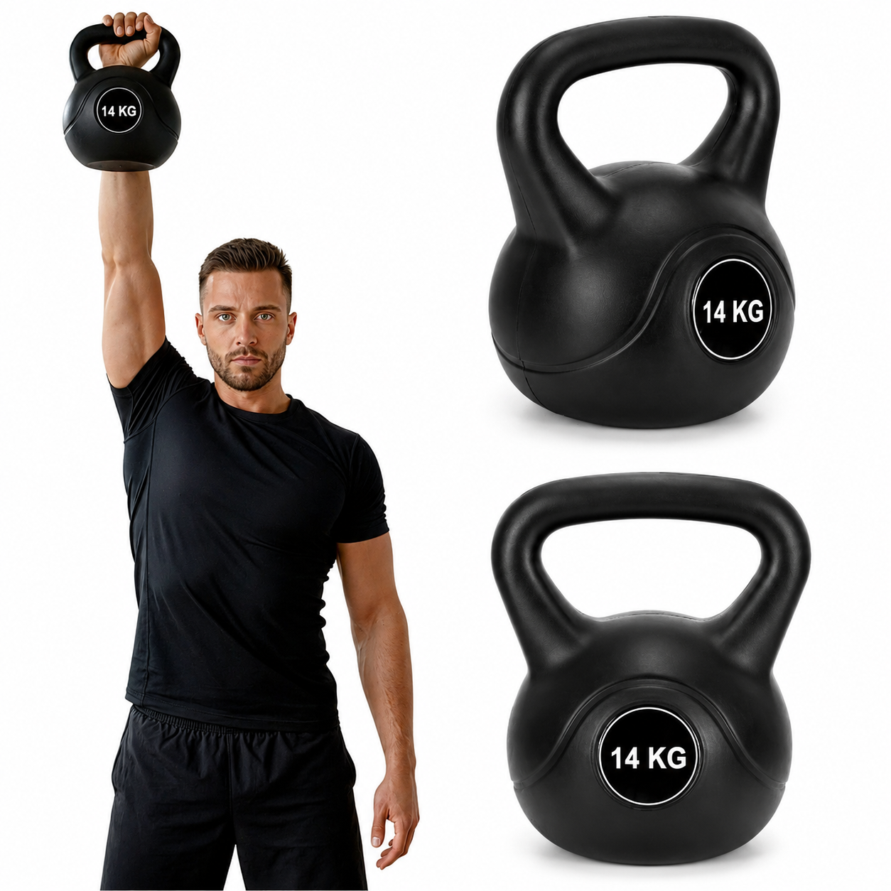Kettlebell 14 kg, bitumen toltelekkel, strapabiro ABS bevonattal, 26x22x28 cm, fekete - Image 7