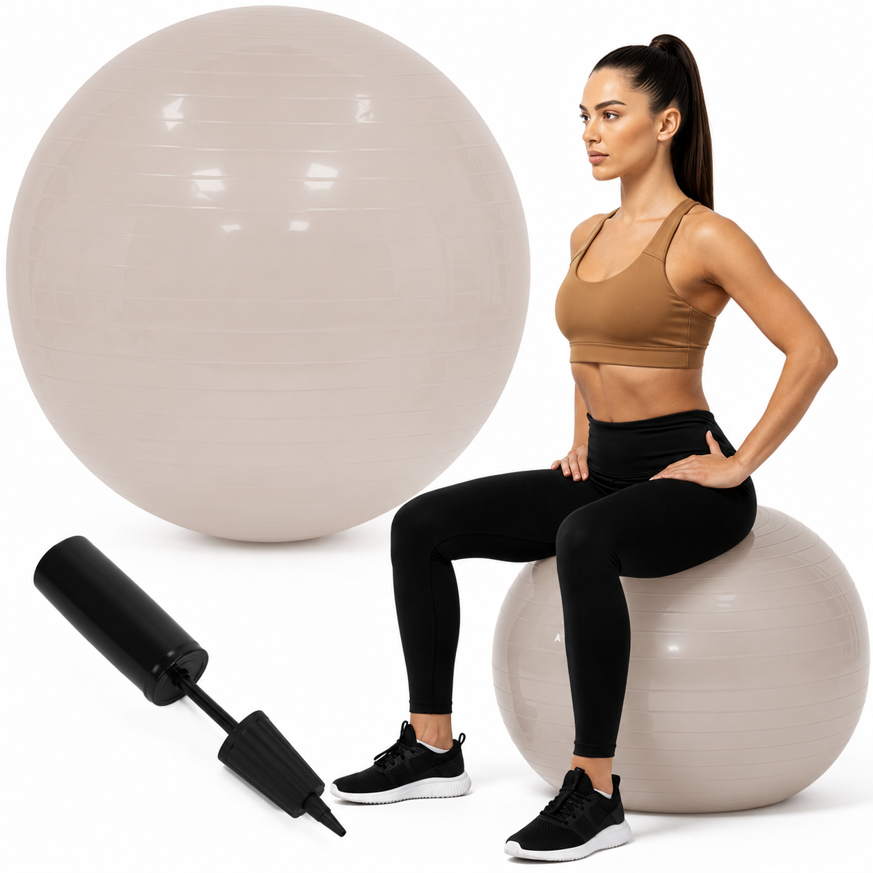 Fitneszlabda 65 cm, csuszasmentes, pumpaval, max. 150 kg, bezs - Image 13
