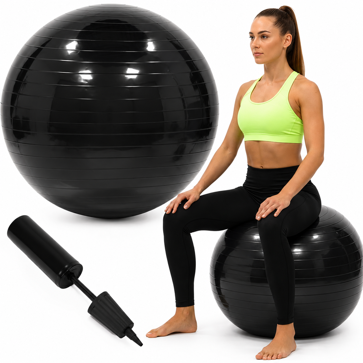 Fitneszlabda 75 cm, csuszasmentes, pumpaval, max. 150 kg, fekete - Image 7