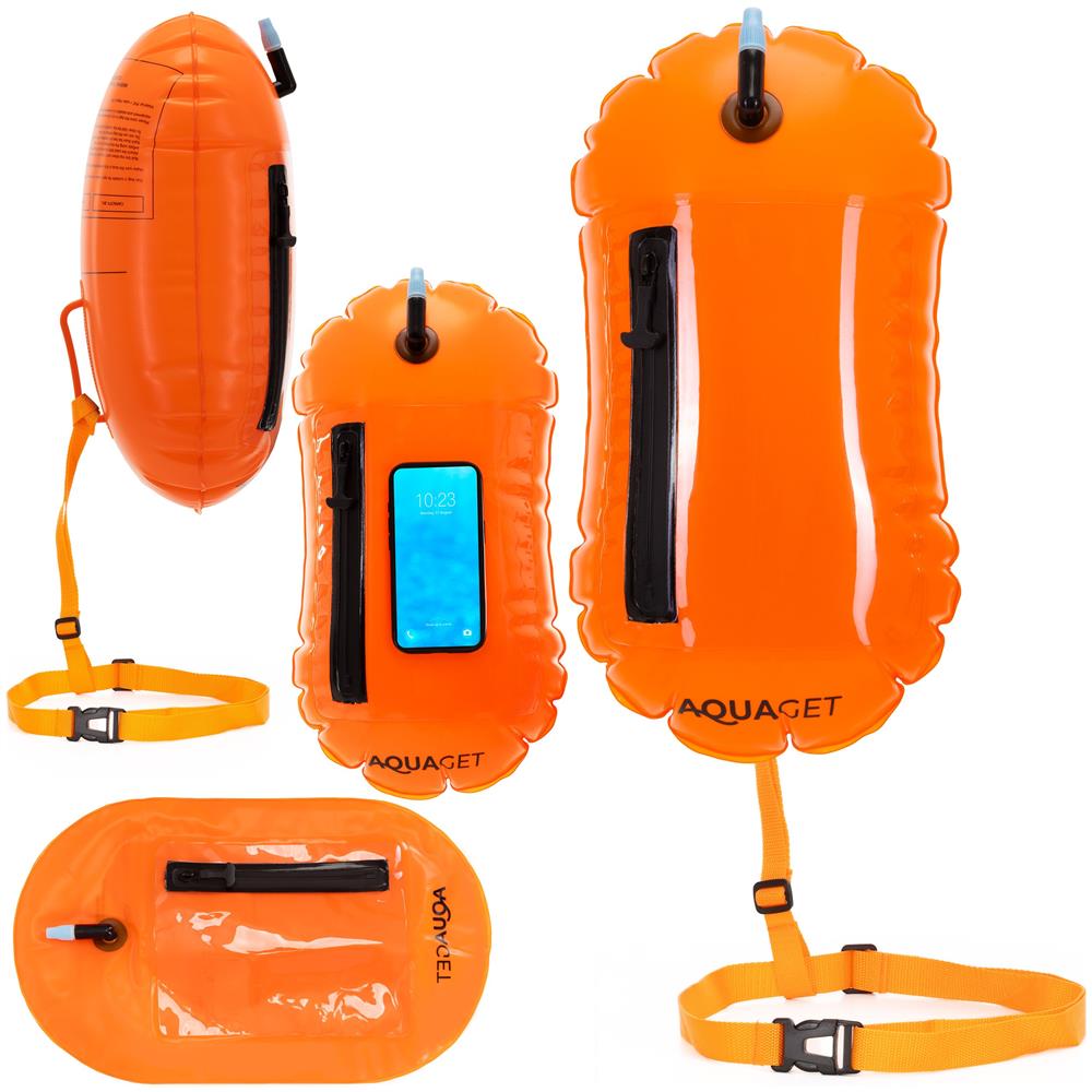 2 az 1-ben úszótáska száraz tárolórekesszel, felfújható biztonsági úszóbója, átlátszó telefontartó ablakkal, 20 l, 42x22x15 cm, fluoreszkáló narancssárga